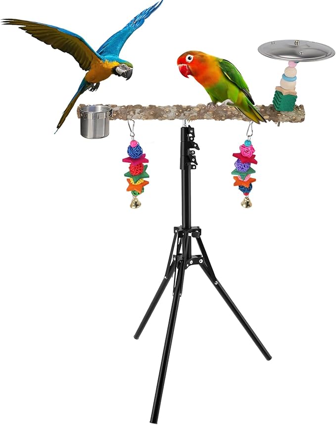 72" Parrot Stand, Adjustable Height Bird Perch, Pepper Wood Perch Stand, Parakeet Perches with Feeding Cups, Swing Toy, Toy Cymbals，Parrot Stands for Indoor & Outdoor Small to Medium Bird.
