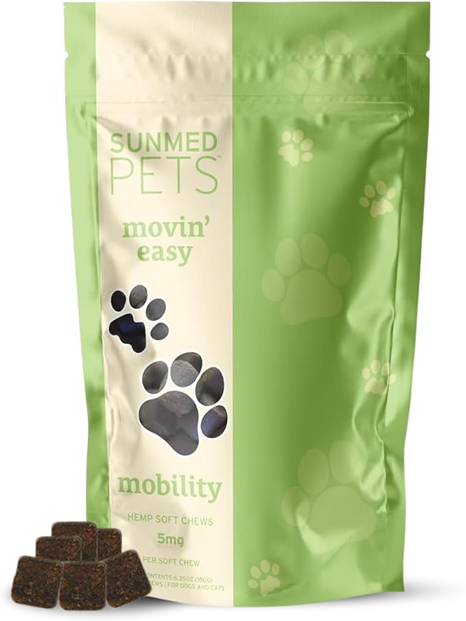 Sunmed Movin' Easy Hemp Pet Chews for Joint Health & Mobility  Omega-3, Green Lipped Mussels, 5mg Hemp Extract  Supports Flexibility & Comfort | Beef Liver & Sweet Potato, 40 Count