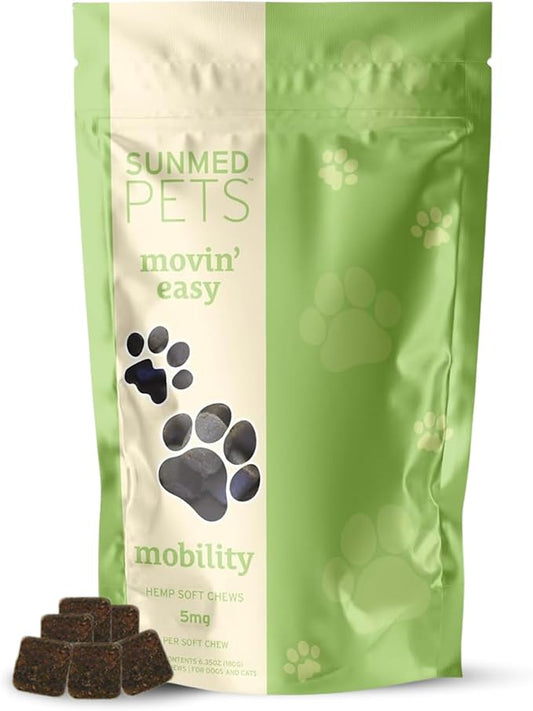 Sunmed Movin' Easy Hemp Pet Chews for Joint Health & Mobility  Omega-3, Green Lipped Mussels, 5mg Hemp Extract  Supports Flexibility & Comfort | Beef Liver & Sweet Potato, 40 Count