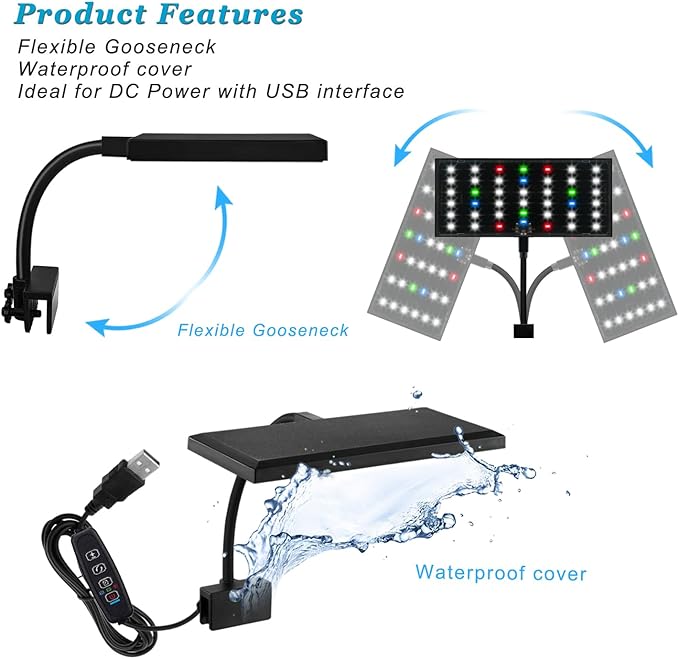 DOMICA Clip On Aquarium Light with Timer for 3 to 8 Gal Fish Tank (Dimmable Full Spectrum LED) USB Moving Lamp for Open Terrarium (Adapter NOT Included)