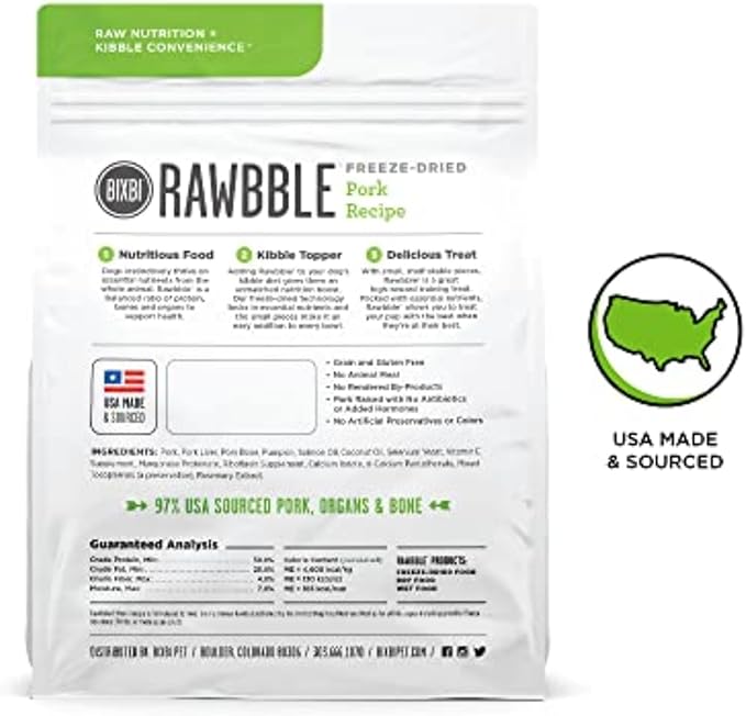 BIXBI Rawbble Freeze Dried Dog Food, Pork Recipe, 4.5 oz - 97% Meat and Organs, No Fillers - Pantry-Friendly Raw Dog Food for Meal, Treat or Food Topper - USA Made in Small Batches