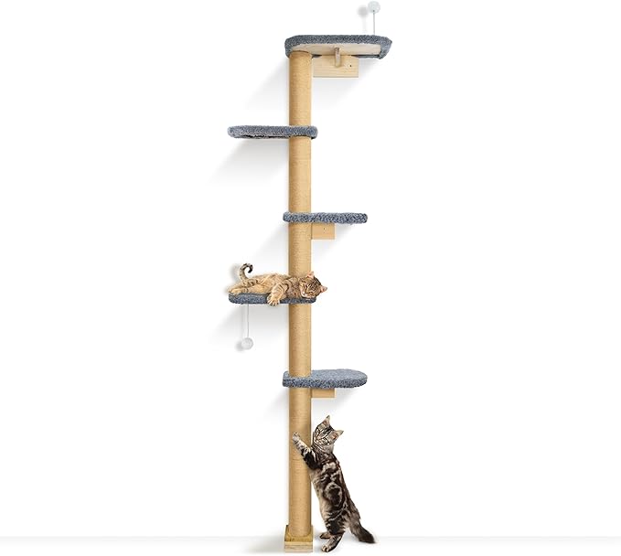 Cat Wall Shelves for Kittens, 83” Floor to Ceiling Cat Tree with Grey Plush Pads, Adjustable Wild Simulation Climbing Tree, Wall-Mounted Cat Tower with Scratching Post for Play, Climb & Scratching