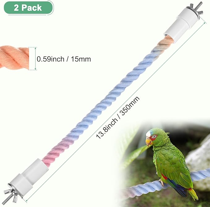 2-Pack Rope Perches for Bird Cages, 13.8 in Length Comfort Grip Flexible Rope Perch Beak & Paw Grinding for Parrots/Cockatiels/Parakeets, Bird Platform Sand [Pink Blue]