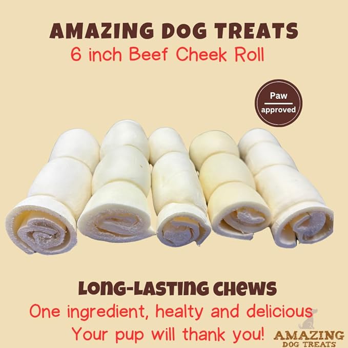 Amazing Dog Treats - Beef Cheek Rolls (6 Inch Regular - 8 Pcs) - No Hide - Safe Rawhide Alternative Dog Chew - Great for Power Chewers - Long Lasting Dog Chew - No Splinters - Retriever Rolls For Dogs