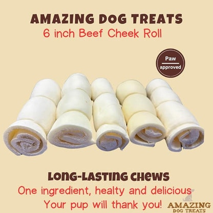 Amazing Dog Treats - Beef Cheek Rolls (6 Inch Regular - 4 Pcs) - No Hide - Safe Rawhide Alternative Dog Chew - Great for Power Chewers - Long Lasting Dog Chew - No Splinters - Retriever Rolls For Dogs