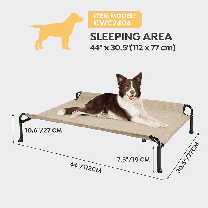 Veehoo Cooling Elevated Dog Bed, Raised Dog Beds for Large Dogs, Outdoor Dog Bed with Guardrail, Upgraded Non-Slip Feet, Breathable Teslin Mesh, Portable Camping Dog Cot, Large, Beige Coffee, CWC2404