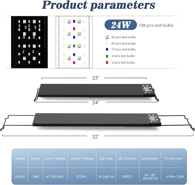 AQQA Aquarium Light,Multi-Function Fish Tank Led Light 24/7 DIY Auto On Off + Night Mode + Day Mode + Full Spectrum + 7 Colors,Adjustable Brightness Waterproof with Timer for Freshwater 24W