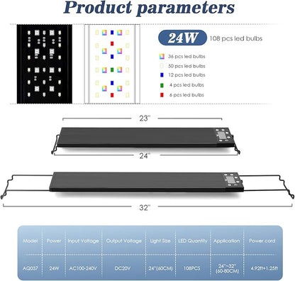 AQQA Aquarium Light,Multi-Function Fish Tank Led Light 24/7 DIY Auto On Off + Night Mode + Day Mode + Full Spectrum + 7 Colors,Adjustable Brightness Waterproof with Timer for Freshwater 24W