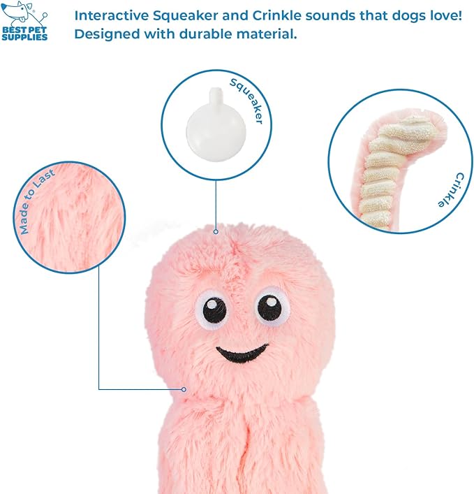 Best Pet Supplies OctoMutant Crinkle Plush Dog Toys for Interactive Play, Puppy and Senior Indoor Play, Colorful Octopus Toy Shape, Soft Head Stuffing, Cute and Cuddly - Pink