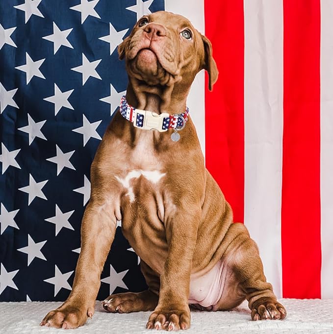 DOGWONG Cotton Dog Collar - 4th of July Durable Soft Natural Fabric Pet Collar, Cute Patriotic Puppy Necklace for Small Medium Large Dogs