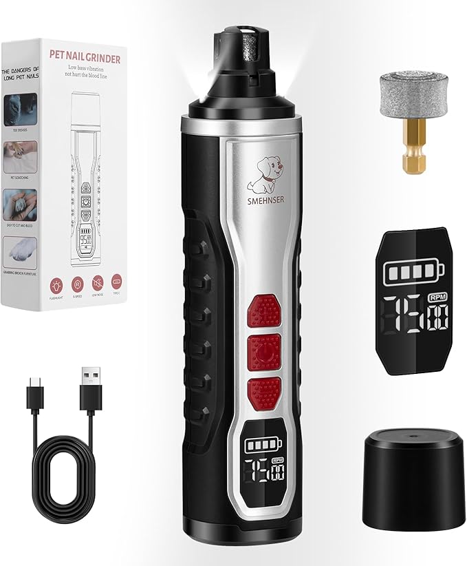 5-Speed Dog Nail Grinder, Newest Upgraded Pet Nail Trimmer with 2 LED Lights, Rechargeable Painless Silent Groom Pro Nail Grinder for Large Medium Small Dogs