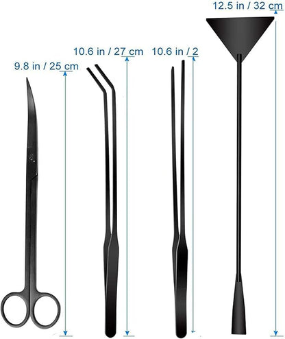 Aquarium Scissor Tweezers Spatula Tool - 4 in 1 Stainless Steel Aquatic Plants Aquascaping Tools Set for Fish Starter Kits & Aquariums Tank(Black)