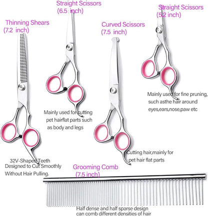 Dog Grooming Scissors kit with Safety Round End, Pet Grooming Trimmer Set with Blunt Tip-Thinning, Straight, Curved Shears tool with Comb, Nail Cliper and Nail File for Long Short Fur of Cat and Puppy