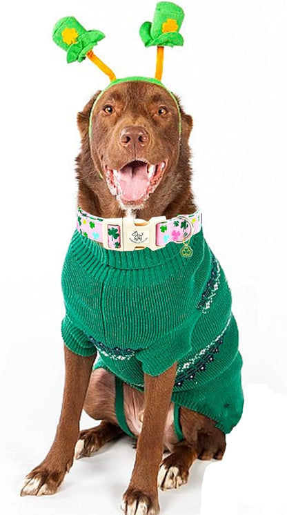 Elegant little tail St Patrick's Day Dog Collar-Lucky Colver Cotton Shamrock Pet Collar Trefoil Holiday Adjustable Cotton Pet Collar with Quick Release Buckle for Small Medium Large Dogs