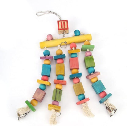 Parrot Hanging Chew Toy Bird Bite Swing with Colorful Wood Beads Bells for Parrot Macaw African Greys Cockatiels Cage Accessories (Hanging with Bell Toy)