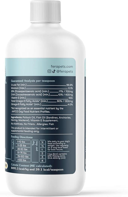 Fera Pets Fish Oil - Omega 3 for Dogs & Cats to Support Joints, Heart, Skin and Coat Health - Non GMO with Vitamin E - 16 oz