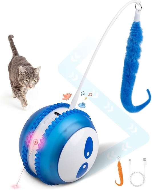 Pet Prime Interactive Cat Toy Motion Activated Cat Laser Toy Automatic Self Moving Ball with Bird Chirping,Rechargeable Exercise Stimulation Toys for Bored Blue