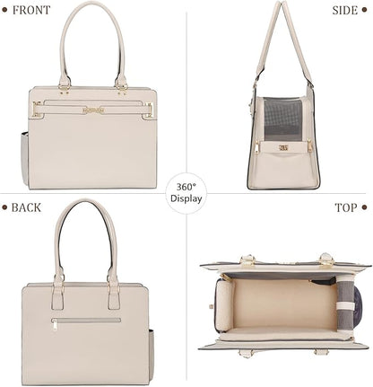 2-in-1 Stylish Dog Purse Carrier Soft-Sided Carriers Travel Tote Bag for Small Dogs Cats, Fashion Foldable Pet Bag for Puppies Small Animals with Pockets (White, 15" L x 7.5" W x 12.2" H)