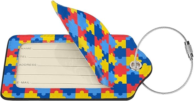 2 Pcs Autism Luggage Tag for Suitcase, Cute Autism Awareness Day Puzzle Piece Tags Birthday Gift for Men Women Outdoor Travel, Identifiers Privacy Cover ID Label with Steel Loop