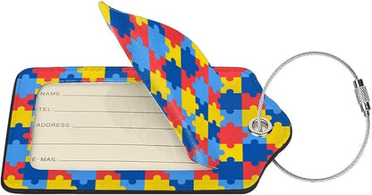 2 Pcs Autism Luggage Tag for Suitcase, Cute Autism Awareness Day Puzzle Piece Tags Birthday Gift for Men Women Outdoor Travel, Identifiers Privacy Cover ID Label with Steel Loop