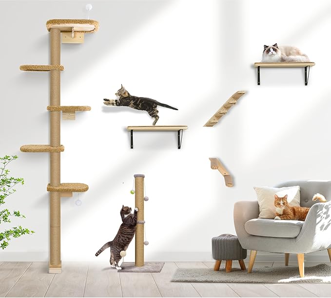 5-Tier Tall Cat Tree for Kittens, Floor to Ceiling Wall Mounted Cat Wall Shelves with Brown Plush Pads, Adjustable Wild Simulation Cat Tower for Climbing, Scratching & Lookout