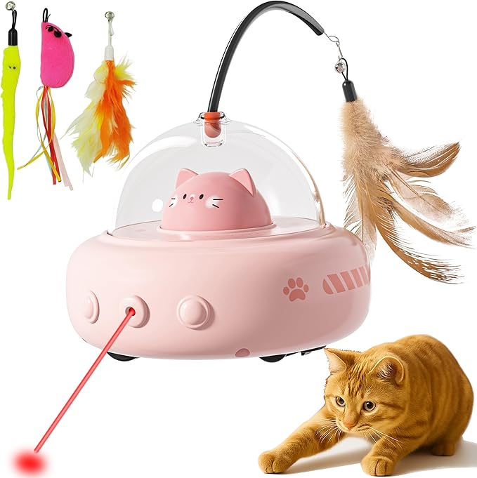 hooroor Laser Cat Toy for Indoor Cats,2 in 1 UFO-Vehicle Automatic Motion with Feather,Rechargeable Electronic Smart Sensor,Interactive Toys for Bored Cats/Kittens/Dogs,Ideal Gift (Pink Updated)