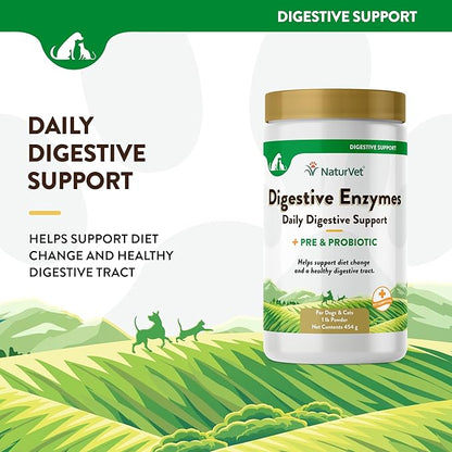 NaturVet  Digestive Enzymes - Plus Probiotics & Prebiotics  Helps Support Diet Change & A Healthy Digestive Tract  for Dogs & Cats  1 lb Powder
