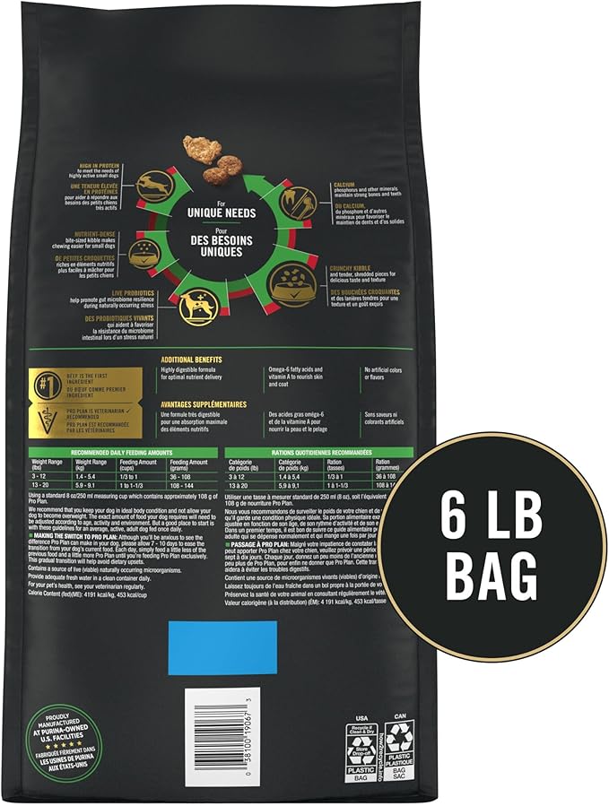 Purina Pro Plan Small Breed Dry Dog Food, Shredded Blend Beef and Rice Formula With Guaranteed Live Probiotics - 6 lb. Bag