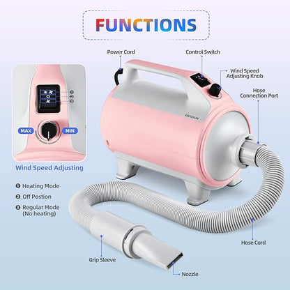 Entosun Dog Dryer, Pet Hair Dryer, 4.3hp/2800W Adjustable Speed and Temperature, High Velocity Dryer, Dog Blower Grooming Dryer with 4 Nozzles and Grooming Gloves (Pink)