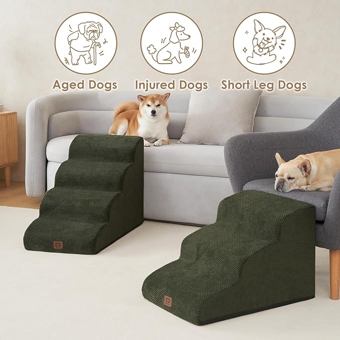 EHEYCIGA Curved Dog Stairs Ramp for High Beds 19.7" H, 4-Step Dog Steps for Small Dogs and Cats, Pet Stairs for High Bed Climbing, Non-Slip Balanced Pet Step Indoor, Olive Green