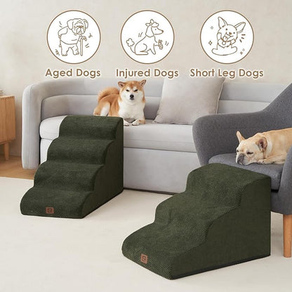 EHEYCIGA Curved Dog Stairs Ramp for High Beds 19.7" H, 4-Step Dog Steps for Small Dogs and Cats, Pet Stairs for High Bed Climbing, Non-Slip Balanced Pet Step Indoor, Olive Green