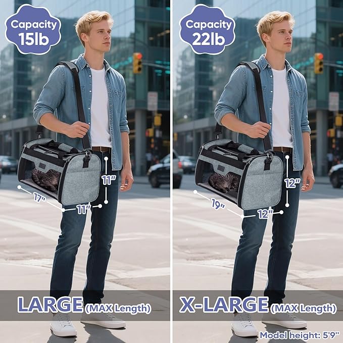 BALEINE Cat Carrier, Puppy Dog Carrier for Small Medium Pets Up to 22 Lbs, Soft-Sided Dog Travel Bag with Safety Zippers, Collapsible Pet Carrying Case (Gray, XL, 19"x12"x12")