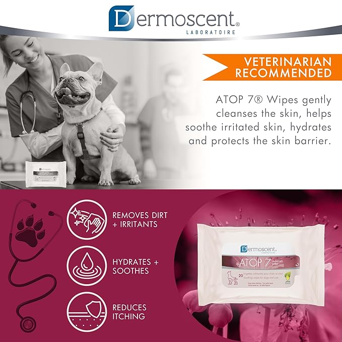 Dermoscent ATOP 7 Wipes for Dogs and Cats | Soothing Cleansing Care for Sensitive Skin | Travel-Friendly
