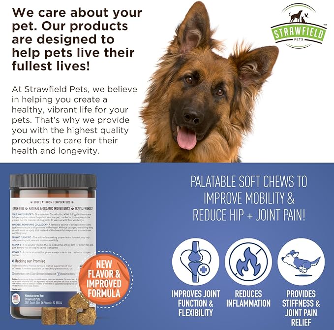 Strawfield Pets Hip + Joint Chews for Dogs Advanced Dog Joint Supplement with Glucosamine Tasty Healthy Mobility Treats Bacon Flavor 120 Count