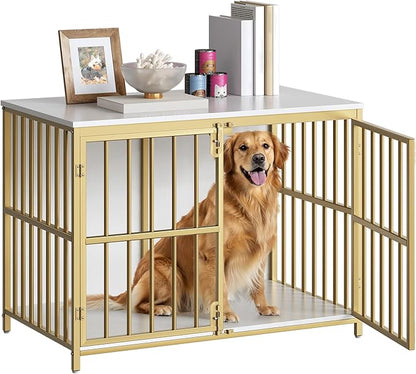 HOOBRO 38.6" Dog Crate Furniture, Wooden Dog Kennel Indoor, Chew-Resistant Heavy Duty Dog Cage for Small/Medium Dog, Decorative Side End Table, White and Gold DW100GW03