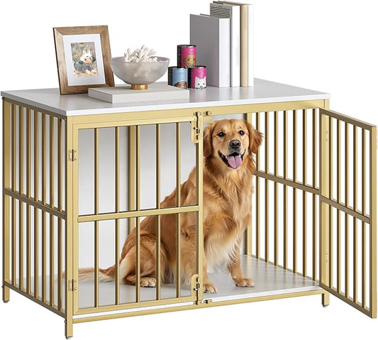 HOOBRO 38.6" Dog Crate Furniture, Wooden Dog Kennel Indoor, Chew-Resistant Heavy Duty Dog Cage for Small/Medium Dog, Decorative Side End Table, White and Gold DW100GW03