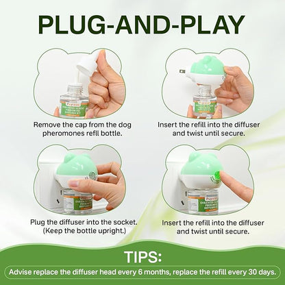 Dog Calming Diffuser with 3 Timing Functions, 6-in-1 Dog Anxiety Relief Diffuser Kit, 120-Day Anxiety Relief, Stress Relaxation Pheromones Calming for All Dogs (2 Diffusers + 4 Refills)