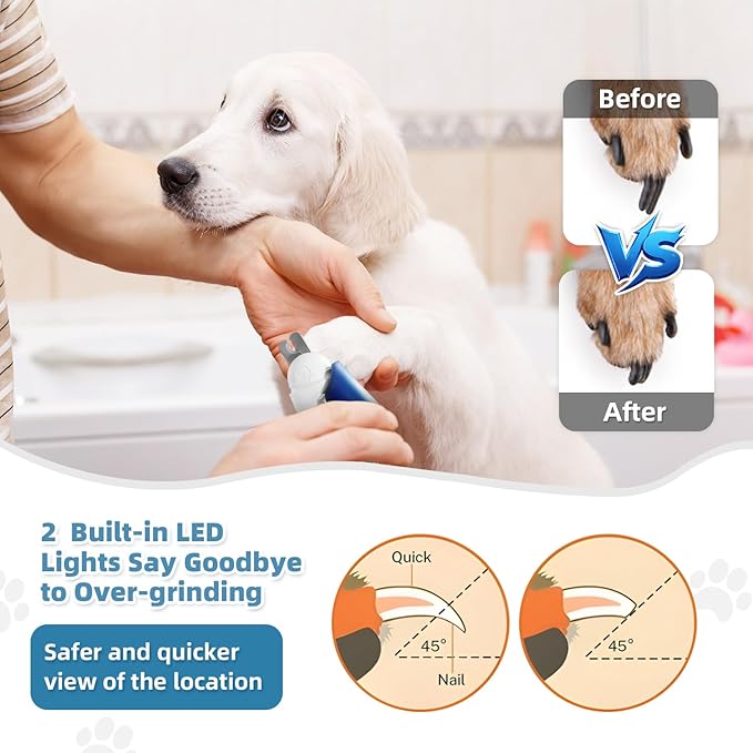 Cat and Dog Nail Grinder, 2-in-1 Electric Pet Nail Clipper, USB-C Rechargeable, 2 LED Lights, Super Quiet Painless Paws Grooming, Pet Nail Trimmer for Dogs Cats and All Pet Sizes, with Dust Cap, Blue