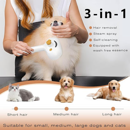 Pet Steam Brush for Dog & Cat  3-in-1 Spray Hair Removal Comb  Steam Brush for Shedding & Grooming  Spritz Defur Comb  Includes Waterless Shampoo & Dental Wipes
