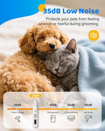 Dog Paw Trimmer with LED Light, 2025 Upgraded Safety Electric Paw Trimmer for Dogs and Cats Paw Cleaner, 35dB Low Noise Multifunctional Dog Clippers for Paws, Eyes, Ears, Face Shavers, Rump (White)