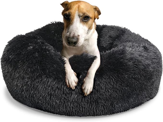 Dog Beds for Medium Dogs Washable Calming Bed for Dogs 30 Inches Black Fluffy and Soft Dog Bed Calm and Anti Anxiety Faux Fur Round Medium Sized Pet Bed for Dog