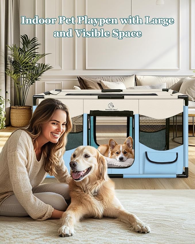 Dog Playpen, Sturdy Puppy Playpens, 32x24x22 Portable Soft Cat Kennel Crate, Indoor & Outdoor Pet Pen with PVC Pipe Frame, Lightweight Cage for Small Animals with Carrying Bag