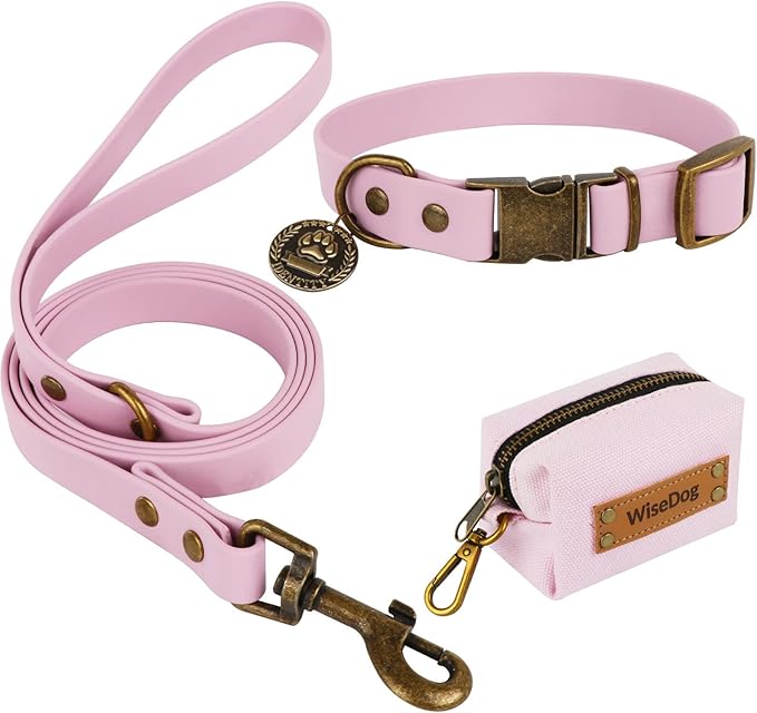 Wisedog Dog Collar and Leash Set, Waterproof Adjustable Puppy Collars with Cute Tag 6FT Dog Leash with Poop Bag for Small Medium Large Dogs (L, Pale Pinkish Purple)
