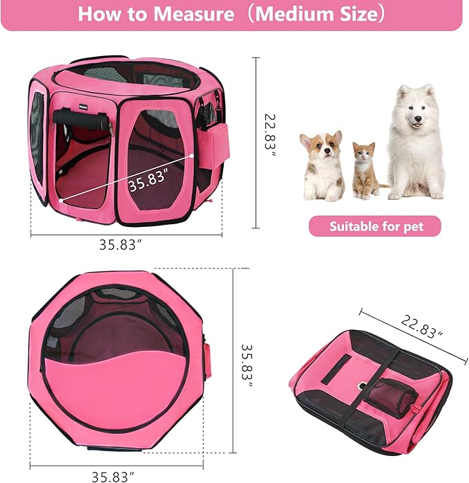 Dog Playpen, Cat Dog Crate Portable Pet Exercise Cage Kennel House Puppy Playpen Animal Playpen Indoor/Outdoor, Water-Resistant Kennel Tent with Traveling Bag (Pink, Medium)