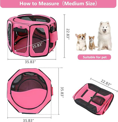 Dog Playpen, Cat Dog Crate Portable Pet Exercise Cage Kennel House Puppy Playpen Animal Playpen Indoor/Outdoor, Water-Resistant Kennel Tent with Traveling Bag (Pink, Medium)