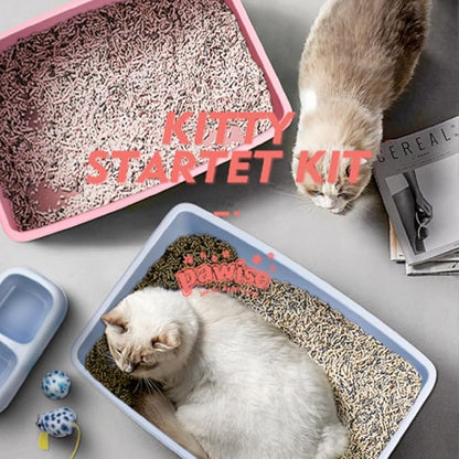 PAWISE Small Cat Litter Box, Kitten Litter Box Starter Kit, Low Entry Baby Kitten Training Litter Box with Scoop, Bowls,Cat Mouse Toy and Cat Ball Toy,First Catty Owner Essentials(Pink)