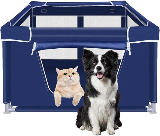 42x42x25.6 Inches Dog Playpen, Foldable Portable Soft Puppy Playpen with Gate, Thickened Fabric Mesh Dog Fence with High-Strength Nylon Wire Mesh, Indoor Outdoor Breathable Exercise Pet Fence Cage