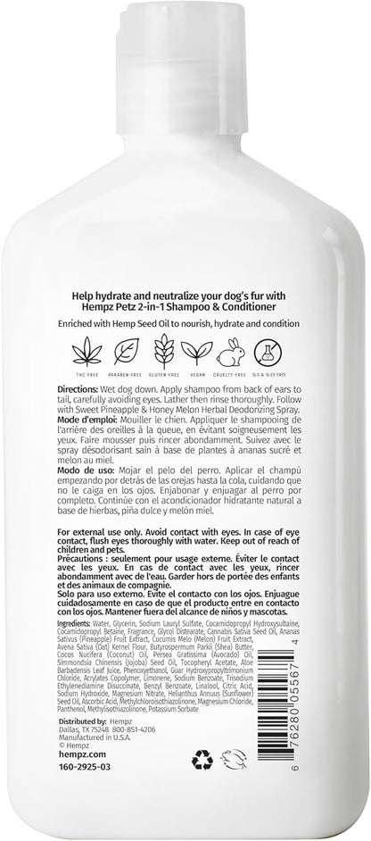 Hempz Petz, Dog Shampoo & Conditioner, Sweet Pineapple Honey Melon 2-in-1 Shampoo and Conditioner, Cleans, Conditions & Moisturizes, 17 fl. Oz