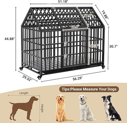 Heavy Duty Dog Crate, Escape Proof Dog Cage for Large Extra Large Dogs, 52 Inch, Dog Kennel Indoor with Lockable Wheels, Indestructible Dog Crates with Removable Trays, High Anxiety