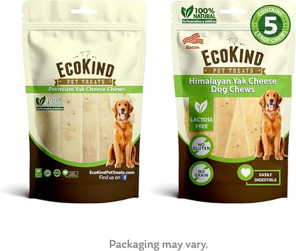 EcoKind Premium Gold Yak Cheese Himalayan Dog Chews, Dog Treats Large Breed, All Natural, High Protein Dog Chew, Bacon, Large - 5 Chews